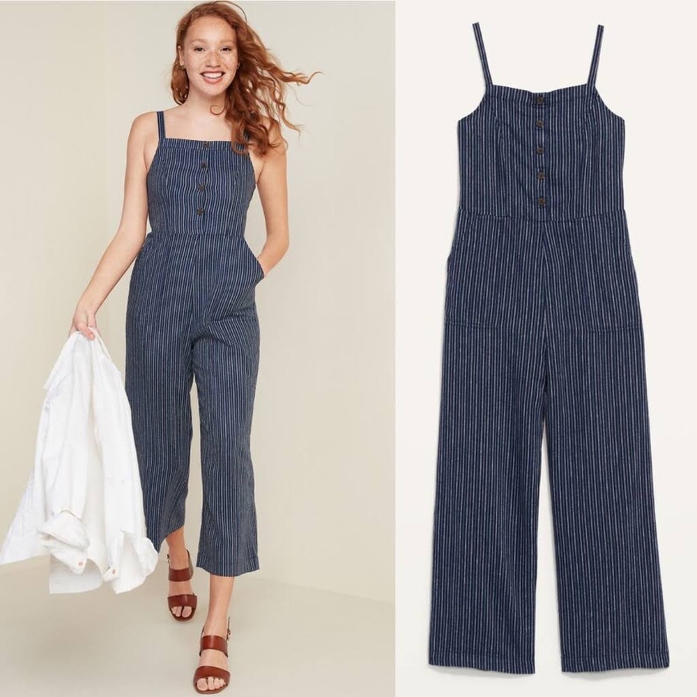 Large Old Navy Women's Striped Linen Blend Cropped Wide Leg Jumpsuit